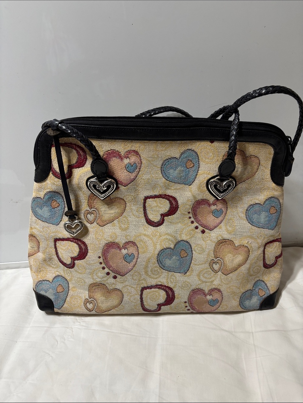 Brighton Beige Heart-Print Tote with Black Trim